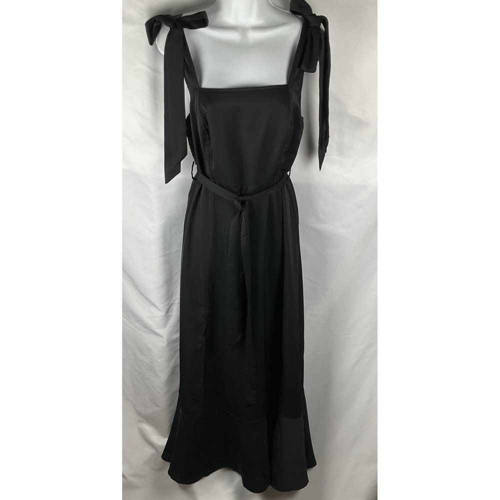 Rihoas Women's Medium Black  Belted Maxi Smocked‎ Back Split Ruffle Hem Dress